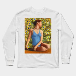 Dancer seated in front of peacock feathers Long Sleeve T-Shirt